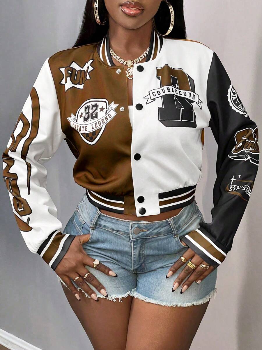 Slaydiva 秋冬休闲街头棒球服长袖修身绿白黑Logo标语全印花女外套-C