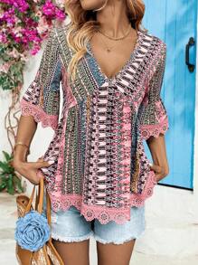 Chiquease 女士优雅蕾丝拼布 A 字衬衫，度假休闲 - 粉色 - 查看 1