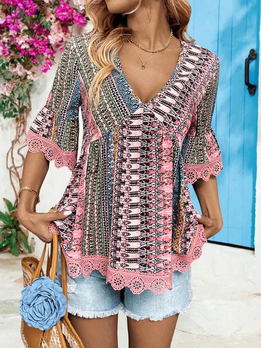 Chiquease 女士优雅蕾丝拼布 A 字衬衫，度假休闲 - 粉色 - 查看 1