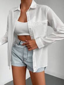 EURMUSE 100%Cotton Solid Button Front Pocket Patched Shirt - White - View 1