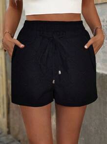 SHEIN LUNE 女士纯色简约休闲短裤，适合日常穿着 - 黑色 - 查看 1