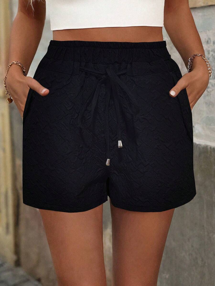 SHEIN LUNE 女士纯色简约休闲短裤，适合日常穿着 - 黑色 - 查看 1