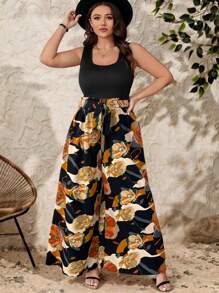 SHEIN Clasi Pantalones anchos de pierna ancha de unicolor con parches, de talla grande, sin mangas, de estilo casual simple, de estampado aleatorio para el verano