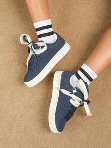 CUCCOO EASI Women's Lace-Up Solid Color Patchwork Platform Casual Sneakers Tainers - Blue - View 3