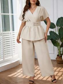 Firerie Plus Size Spring/Summer Comfortable Casual Elegant Daily Office Versatile Bamboo Knit V-Neck Top And Straight Leg Wide Pants 2 Pieces Set For Women
