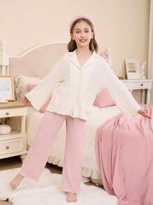 Tween Girl Simple Collar Button Down Pockets Long Sleeve Top And Loose Comfy Jacquard Knit Pants 2Pcs Pajamas Set Pj Sets For Teens Girls Pajama Sets For Teens Pajama Sets For Teen Girls - Baby Pink - View 3