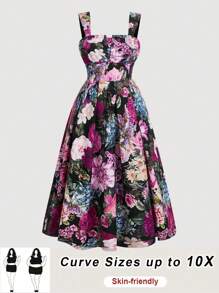 SHEIN CURVE+ Plus Size Women's Romantic Retro Floral Print, Elegant Loose Skirt With Chest Cup Shoulder Strap,Beach Dress Sundress,Holiday Outfits Boho