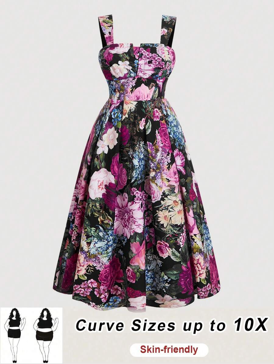 SHEIN CURVE+ Plus Size Women's Romantic Retro Floral Print, Elegant Loose Skirt With Chest Cup Shoulder Strap,Beach Dress Sundress,Holiday Outfits Boho
