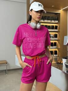INAWLY Women's Casual Slogan Printed Short Sleeve T-Shirt And Shorts Set, Summer