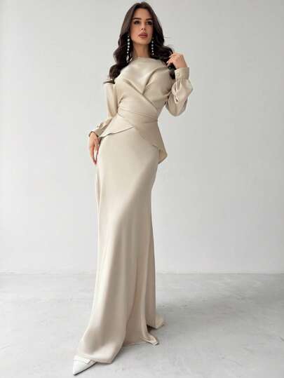 Firerie Women Elegant Solid Color Waist Strap Back Satin Glossy Wrap Tie Top/Blouse And Fishtail Skirt Two Piece Set,Satin Asymmetrical Hem Satin Skirt Set,Commuter Party,Work Two-Piece Set, Wedding Two-Piece Set, Suitable For Commuting, Daily Wear, Spring /Summer