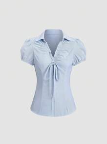 Sweetra Camisa de mujer de manga corta con cuello en V ajustada y de rayas, estilo vintage americano