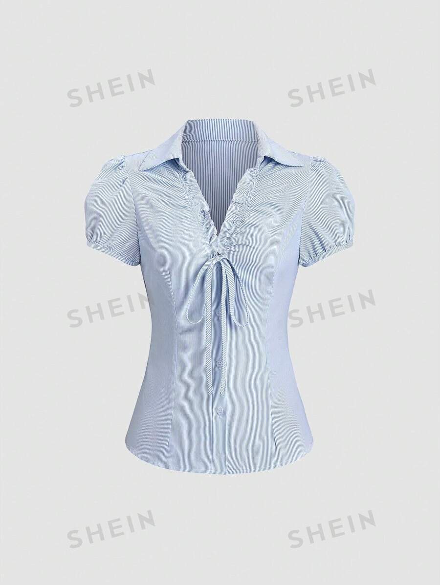 Sweetra Camisa de mujer de manga corta con cuello en V ajustada y de rayas, estilo vintage americano