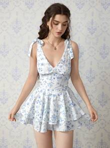 SHEIN MOD Women's Blue & White Floral Print Jumpsuit,Jumpsuits For Woman Elegant,Brunch Outfits For Women,Fairycore,Vacation Outfits Woman,Summer Outfits For Women