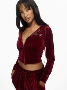 MISSGUIDED Luxe Velvet Tracksuit Set Lounge Wear Zip-Up Crop Jacket Wide Leg Pants Athletic Leisure Suit Soft Plush 2 Piece Set Casual Workout Outfit Gym Athleisure Christmas - Burgundy - View 3