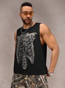 Manfinity VCAY 大码男士大码宽松街头风格图案印花背心 - 黑色 - 查看 3