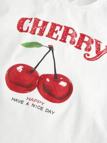 Girlism 少女休闲樱桃字母印花落肩圆领厚款 T 恤和全身樱桃印花喇叭裤 2 件套