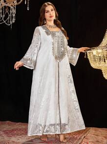 Layrah Abaya de talla grande elegante con bordado de perlas en arabesco, modesto kaftan - Blanco - Ver 6