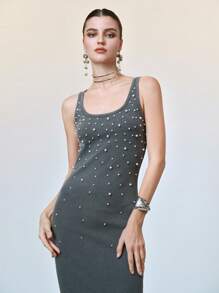 SHEIN Unity Women's Sand Washed Elegant Pearl Decor Cotton Slim Fit Bodycon Tank Maxi Dress,Charcoal Gray Summer Dinner Date Vacation Beach Wear Outfit - Grey - View 2