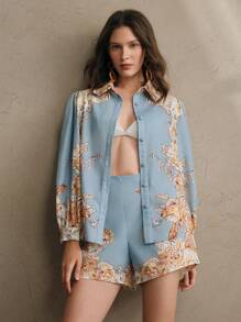 Anewsta 女士春节风格印花阔腿短裤 - 藍色 - 查看 6