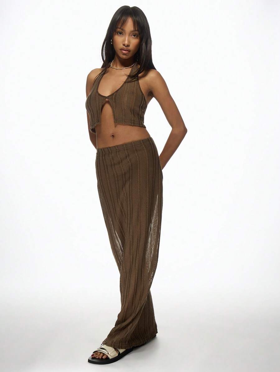 MISSGUIDED Elegant Crochet Two-Piece Set Ribbed Sweater Tank Top And Matching Maxi Skirt Coordinated Outfit Perfect For Spring Summer Beach Vacation Resort Wear - Army Green - View 1