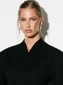 KIZN Professional Bold Shoulder Tailored Blazer With Asymmetric Button Closure, Office Work Business Conference Interview Formal Wear Blazer, Spring Fall Winter Outerwear - Black - View 6