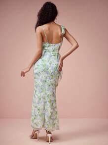 Enchnt Spring/Summer Romantic Women's Green Floral Print Ruffle Suspender Mermaid Maxi Dress,Sweet&Elegant For Birthday&Holiday Party&Wedding Season&Sweet Date &Prom&Garden Parties&Vacation