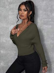 SHEIN SXY 女士纯色露肩长袖休闲套头毛衣，秋冬季，长袖上衣 - 軍綠色 - 查看 6