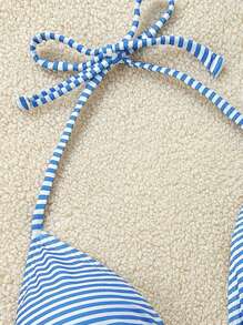 Soleia 2pcs/Set Women's Blue And White Striped Halter Tie Bikini Set,Cute Colorful Beaded Decorative Swim Suits For Women,Summer Holiday Pool Party Beachwear - Blue and White - View 6