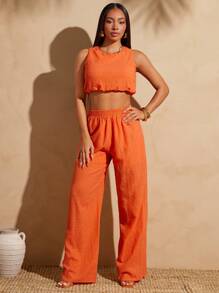 Vixey Textured Woven Cropped Boxy Sleeveless Top, Summer Tops, Summer Outfits For Women, Beach Outfits For Women, Spring Outfits For Women, Boho Women Clothing, Island Vacation Outfits - Orange - View 5