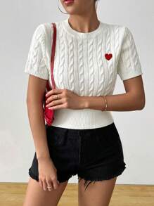 Chiquease Top cómoda, linda y dulce con bordado de corazón blanco a juego