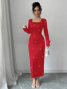 Elenzga Women's Beaded Contrast Color Long Sleeve Dress - Red - View 7