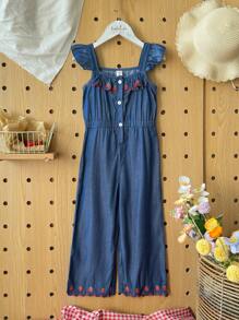 Vintaside Kids 1 Stück Jumpsuit für Kleine Mädchen im lässigen, niedlichen Stil mit Erdbeerstickerei