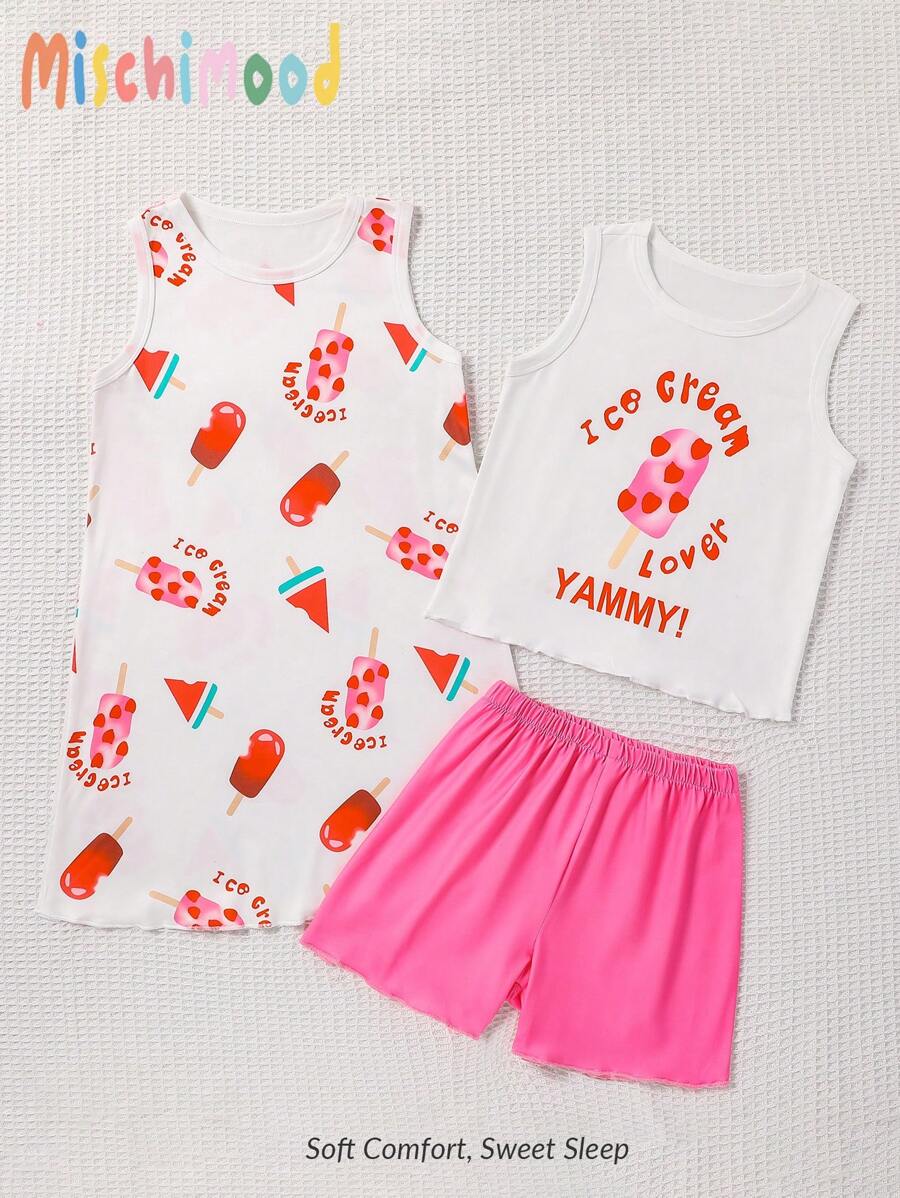 3pcs Girls Cute White Printed Sleeveless Tank Top,Shorts And Long Nightgown Pajama Set,Summer Family Matching Young Girls Clothing Sets For 3-7yrs - Multicolor - View 1