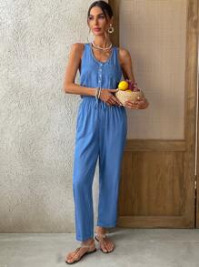 SHEIN VCAY Damen einfarbiger Jumpsuit mit Knöpfen vorne, Ärmellos, mit Taschen, Lässig - Blau - Übersicht 3