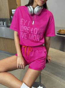 INAWLY Women's Casual Slogan Printed Short Sleeve T-Shirt And Shorts Set, Summer