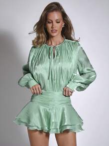 COSMINA 2pcs Women Elegant Solid Color Ruched Lantern Sleeve Blouse And Skirt Set - Green - View 3