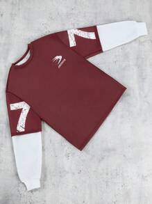 SHEIN Teen Boy Contrast Color Block Letter & Number Print Pullover Sweatshirt - Burgundy - View 2