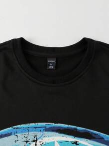 ROMWE MEN Street Life Men Street Loose Graphic Print T-Shirt & Sleeve Set, Vintage Street Style - Black - View 3