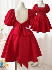 Sweetra Vestido de Manga Balão com Laço nas Costas, Estilo Romântico Minimalista de Princesa, Vestido para Campanha, Férias, Praia, Dia dos Namorados, Páscoa, Casamento, Plus Size, Primavera/Verão