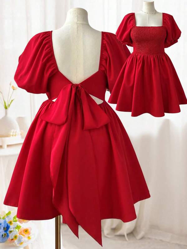 Sunspun Vestido de Manga Balão com Laço nas Costas, Estilo Romântico Minimalista de Princesa, Vestido para Campanha, Férias, Praia, Dia dos Namorados, Páscoa, Casamento, Plus Size, Primavera/Verão