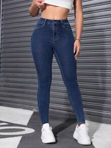 Women's Front Button Pocket Simple Casual Denim Pants - Medium Wash - View 6