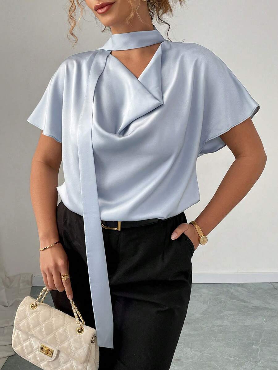 SHEIN Clasi Plus Size Satin Ruffled Collar Halter Short Sleeve Blouse, Spring/Summer - Dusty Blue - View 1