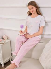 Conjunto de 2 peças de roupa doméstica, Blusa Branca com Laço Elegante e Simples, e Calça com Babado Xadrez Rosa - Rosa chiclete - Visão 5