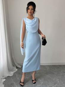Elenzga Đầm nữ cổ cao chắp vá bằng vải chiffon thiết kế mới - Màu xanh lam - Xem 3