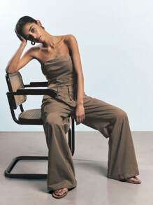 Maija Women's Casual Solid Color Low Waist Wide Leg Suit Pants,Festival - Coffee Brown - View 3