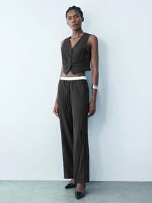 Maija Women Front Button Sleeveless Striped Minimalist Top And Trousers Pants Suit,Festival