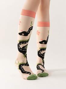 ROMWE Fairycore Dames overknee sokken met bloemen-slangenmotief
