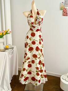 Soleia New Spring/Summer Backless Rose Floral Print Long Elastic Mesh Dress, With Halter,Western Wear Women,Festival,Boho ,Bohemian - Multicolor - View 1