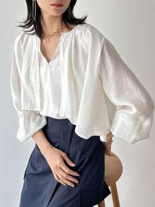 FRIFUL Women's Layered Puff Sleeve Loose Shirt,Ruffle Long Sleeve Top - Beige - View 7