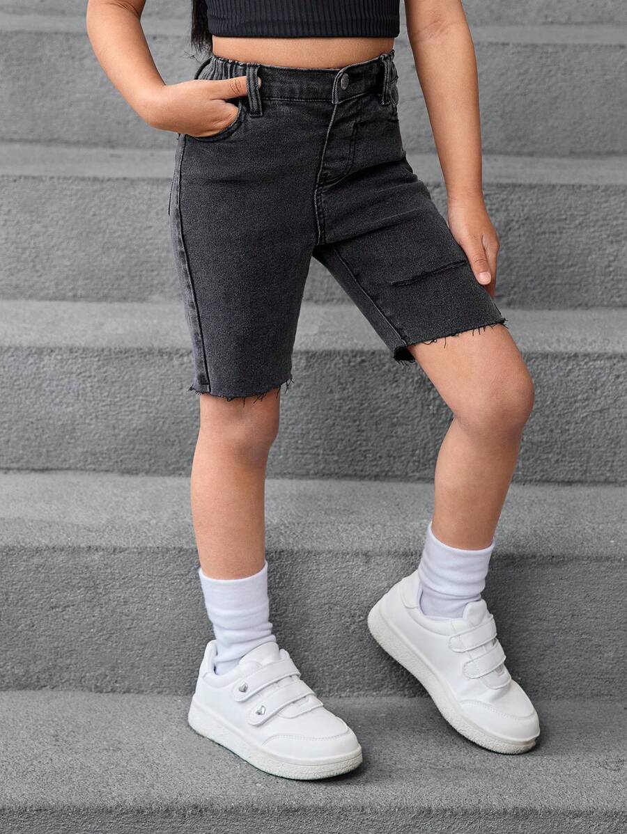 SHEIN 年轻女孩 Y2K 弹力黑色牛仔短裤，女童春夏休闲度假流浪汉装 - 黑色 - 查看 1